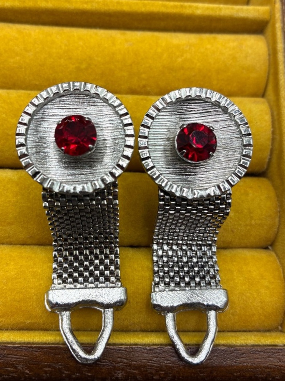 Vintage Silver Tone Mesh Cufflinks Red Rhinestone Wrap Around Formal